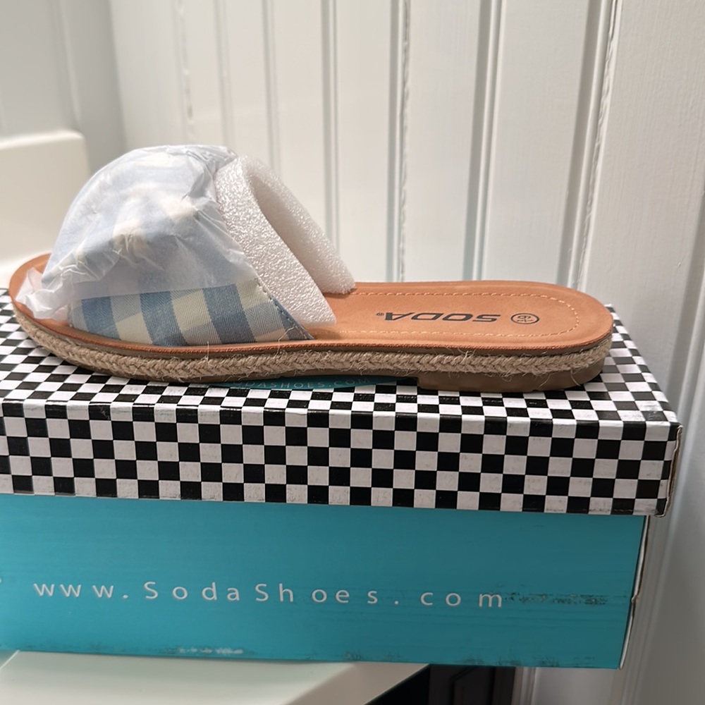 Blue and White Gingham Bow Espadrille Slide Sandals - Picture 3 of 3